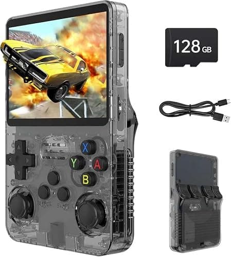 R36S Retro Spielkonsole, 3,5 Zoll IPS Bildschirm, 128GB Speicher, 40.000 Vorinstallierte Spiele, Tragbare Handheld Konsole für Kinder und Erwachsene, Multi-Emulator Unterstützung, Violett (Black) - Image 1