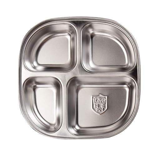 AIYoo Set of 2 Stainless Steel Dinner Plates 4 Sections Divided Platter Dinner Tray - Lightweight Metal Plate for Adults and Campers, Portion Control Bariatric Weight Loss and Diabetic Diet Plates thumbnail 7