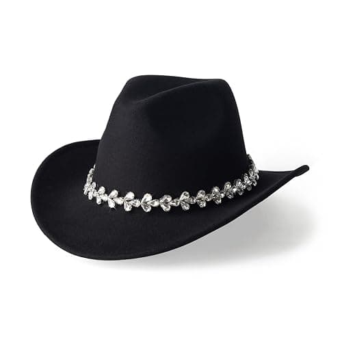 EOGIMI Glitter Rhinestones Cowboy Hats for Women Wide Brim Felt Western Cowgirl Hat with Bling Diamond Band - Image 1