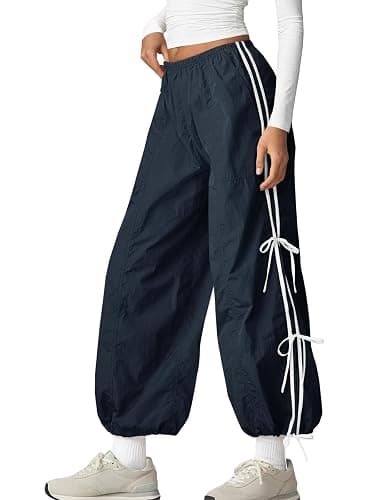 Fisoew Womens Wide Leg Track Pants Casual Elastic Waist Bow Tie Y2K Baggy Sweatpants with Pockets - Image 1