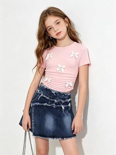 Voxikidio Size 7-13 Years Girls Summer Clothes Bow Short Sleeve T-Shirt and Denim Skirt Shorts Set Outfits for Teen thumbnail 5