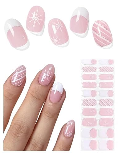 AutyaMee Semi Cured Gel Nail Strips (French Snowflake), Christmas, 20 Pcs Gel Nail Wraps, Stickers, Salon Quality, Long Lasting, Works with Any UV Lamps - Image 1