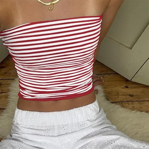 Cioatin Women Strapless Striped Bandeau Tube Tops Y2K Aesthetic Sleeveless Backless Crop Tank Going Out Summer Girls thumbnail 2