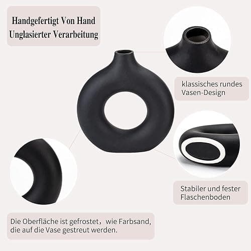 Hanaomaoyi Black Ceramic Donut Vase Set of 2, Hollow Round Matte Pampas Flower Vases for Boho Home Wedding Party Room Dinner Table Shelf Decor.（Black） thumbnail 4