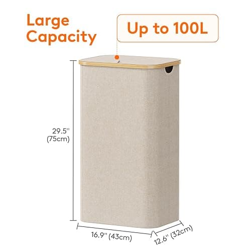 Lifewit 100L Laundry Basket with Lid, Clothes Hampers for Laundry with Bamboo Handles and 1 Removable Bag, Large Foldable Laundry Hamper for Bedroom, Bathroom, Dorm, Laundry Room, Beige thumbnail 3