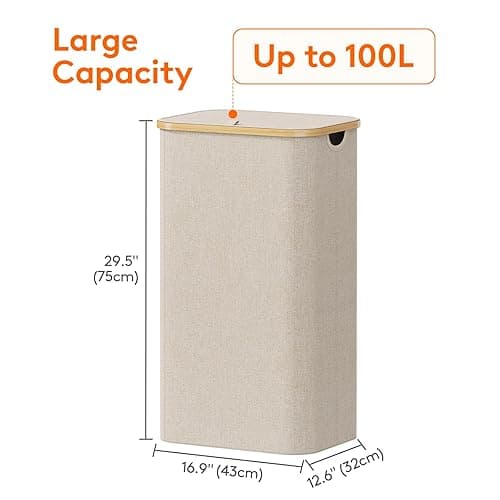 Lifewit 100L Laundry Basket with Lid, Clothes Hampers for Laundry with Bamboo Handles and A Removable Bag, Large Foldable Laundry Hamper for Bedroom, Bathroom, Dorm, Laundry Room, Beige - Beige - 100L thumbnail 3