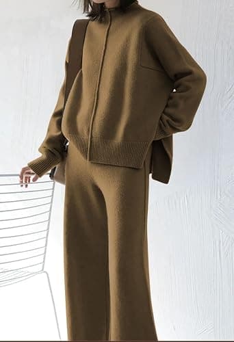Viottiset Women's 2 Piece Outfits Sweater Set Wide Leg Pants High Neck Sweatsuit Loungewear thumbnail 4
