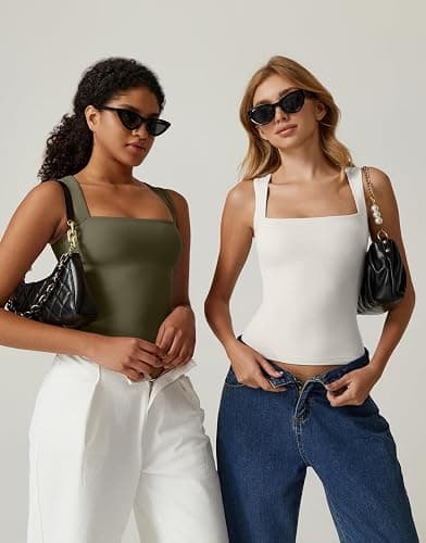 QINSEN Women's Square Neck Sleeveless Double-Layer Tank Tops Basic Tight T Shirts thumbnail 3