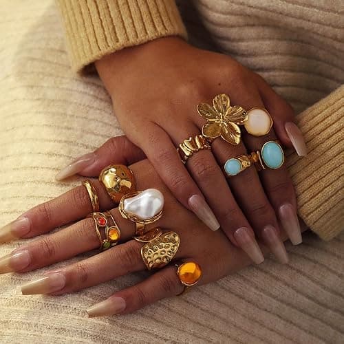 UYY Chunky Gold Rings for Women Non Tarnish, Baroque Pearl Flower Tiger's Eye Stone Rings Adjustable Stacking Statement Rings Set Fashion Jewelry Gifts thumbnail 3