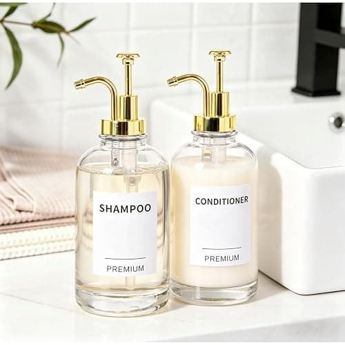 Dish Soap Dispenser for Kitchen, Hand Glass Soap Dispenser Set with Pump, Tray, Funnel for Bathroom, Shower, Laundry, Liquid, Lotion (Gold 2 Pack 18 Oz Clear Bottles with 12 Stickers) thumbnail 8