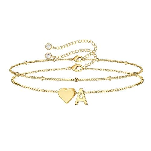 M MOOHAM Valentines Day Gifts for Kids Teen Girls -14K-Gold-Plated Heart Initial A-Z Bracelets for Women Girl Dainty Gold Bracelets Birthday Valentines Gifts for Women Her Teenage Girls Kid Teen Gift - Image 1