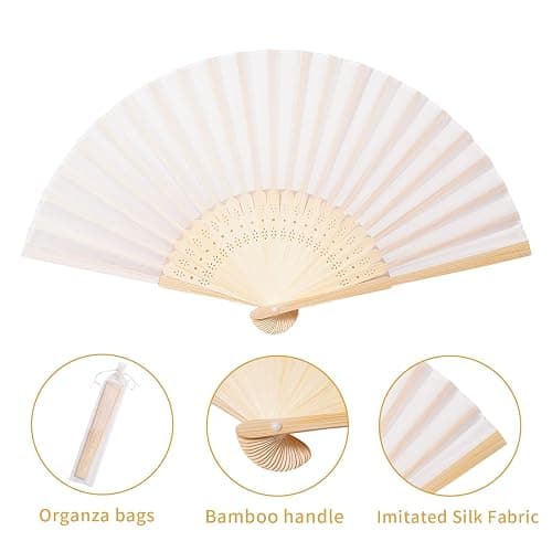 Sepwedd 50pcs Cream-Coloured Imitated Silk Fabric Bamboo Folded Hand Fan Bridal Dancing Props Church Wedding Party Favors with Organza Bags thumbnail 4
