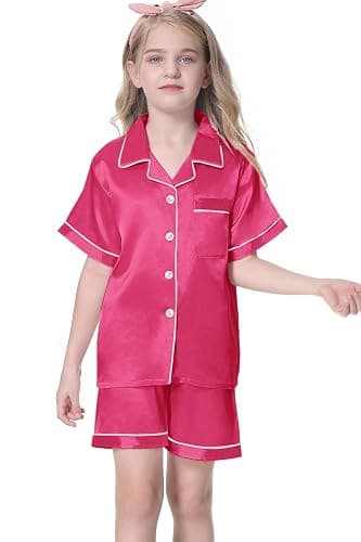 Umeyda Women & Girls Pajamas Set, Soft Satin Lightweight Silk Button-Down Top with Shorts 2 Piece PJS for Mom Boys Kids Gifts thumbnail 3