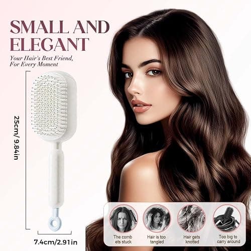 Self Cleaning Hair Brush, Retractable Hair Brush with Massage Bristles, Anti-Static Easy Clean Comb for All Hair Types, One-Pull Hair Styling Brush (Pink) thumbnail 3