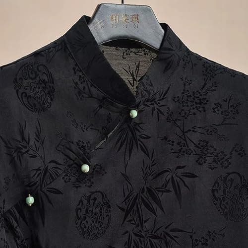 Women's Retro Chinese Style Cheongsam Top Summer Black Jacquard Short Sleeve Button Blouse T-Shirt thumbnail 6