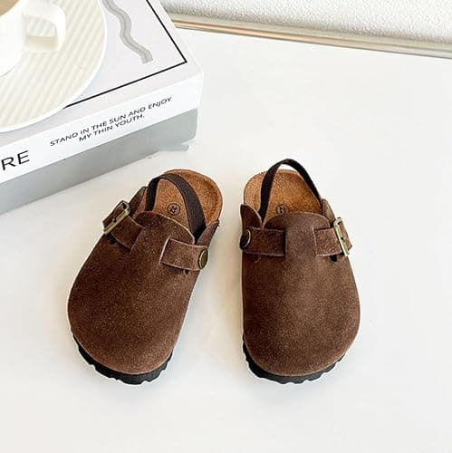 Kids Suede Clogs Toddler Clogs Boys Girls Sandals Cork Adjustable Buckle Mules - 4-5 Toddler - Coffee thumbnail 2