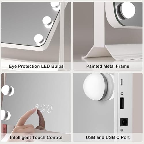 Hollywood Vanity Mirror with Lights, 60x53cm Lighted Makeup Mirror with 15 Dimmable Bulbs, 360° Rotating, 3 Lighting Modes, Smart Touch Control, USB & Type C Output Port, Gift for Women and Girls thumbnail 8