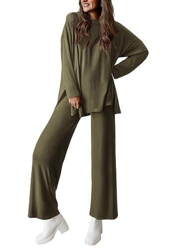 PRETTYGARDEN Women's Two Piece Lounge Sets Matching Long Sleeve Shirts Wide Leg Pants Tracksuits Travel Outfits Fall Clothes - Image 1