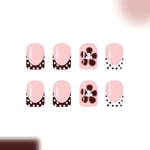 Polka Dot Press on Nails French Tip Short Square Fake Nails with Brown Flower Designs Glue on Nails White Dots False Nails for Women Manicure,Glossy | Reusable | Nail Sticky Tab | Easy Apply | 24Pcs thumbnail 4