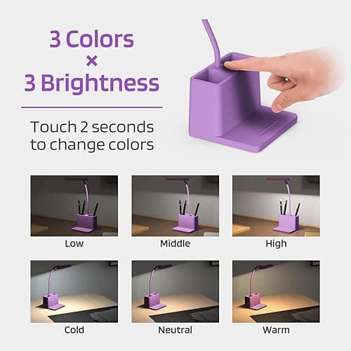 AXX Cute Purple Desk Lamp, Rechargeable Study Table Light for Home Office, Small, Battery Operated, LED, Flexible Gooseneck, Mini, Cordless, College Dorm Room Desktop Accessories for Teen Girls thumbnail 4