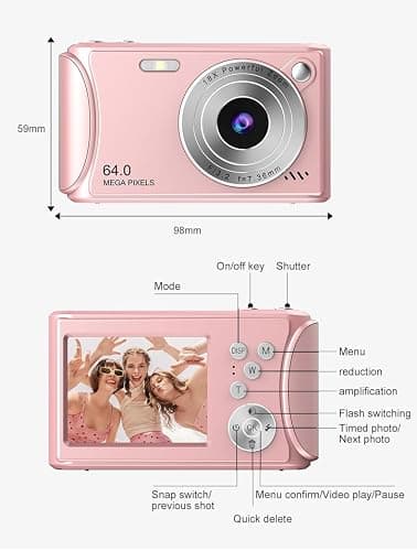 Digital Camera 1080P FHD 64MP with 2.4" LCD Screen,18X Digital Zoom, Compact Portable Vlogging Camera with 64gb SD Card and Type-C OTG Adapter for Kids Teen Students Beginner (Pink) thumbnail 7