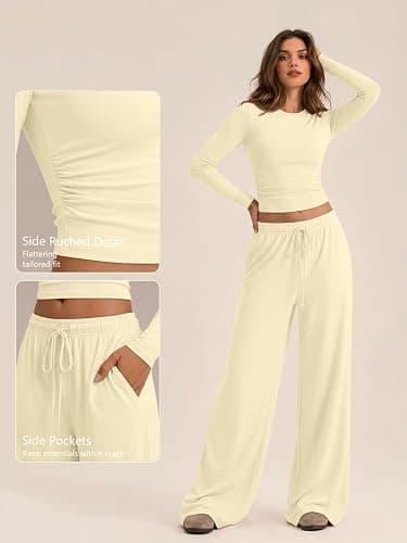 Trendy Queen Women's 2 Piece 2026 Fall Fashion Lounge Set with Pockets | Airport Outfit, Athleisure Workout Set, Fall Wardrobe Staple, Winter Style, Side-Ruched Top, Drawstring Wide-Leg Pants thumbnail 5