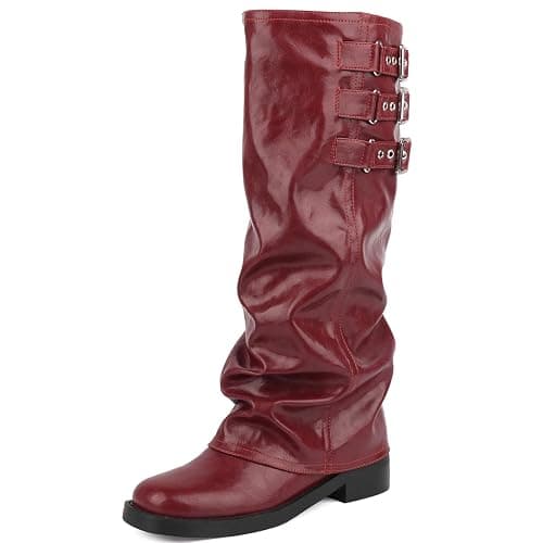 ClassicSter Fold Over Knee High Boots Slouch Boots for Women Chunky Goth Platform Boots,2 inch Heel Wide Calf Long Boots Square Toe Riding Boots thumbnail 5