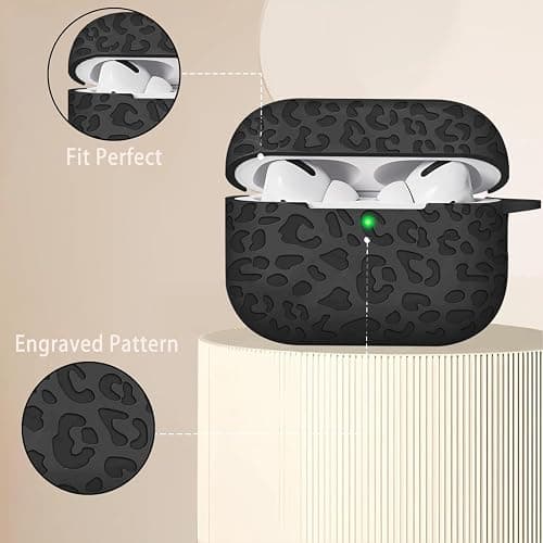 Case Compatible with AirPods Pro 3 Generation 2025 Cover with Keychain, Gawnock Engraved Leopard Skin Soft Cover for AirPods Pro 3 Case Full Protection,Front LED Visible, Black thumbnail 3
