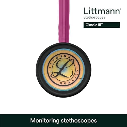 3M Littmann Classic III Monitoring Stethoscope, 5806, More Than 2X as Loud, Weighs Less, Stainless Steel Rainbow-Finish Chestpiece, 27" Raspberry Tube, Brass Stem and Headset thumbnail 7
