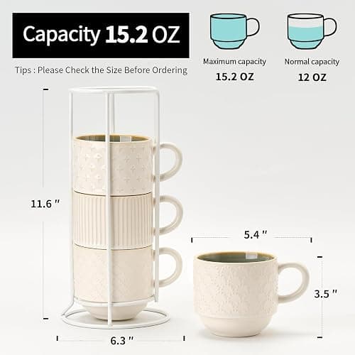 JIEMEI HOME Large Ceramic Coffee Mug Set of 4 with Stand, 15 Oz Stackable Different Embossment Ribbed Latte Cup Set for Cappuccino, Tea, Hot Cocoa, Drinks - Dishwasher & Microwave Safe, White & Green thumbnail 3