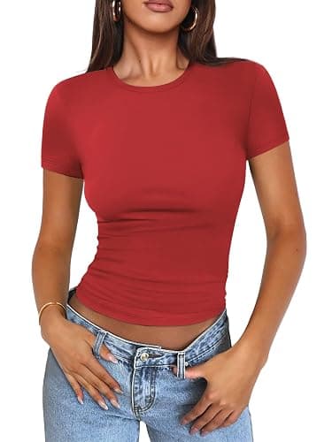 MIROMIHO Womens T Shirts Modal Breathable Basic Scoop Neck Short Sleeve Crop Tops Cute Summer Tops Slim Fit Y2k Tees - Small - Red - Image 1