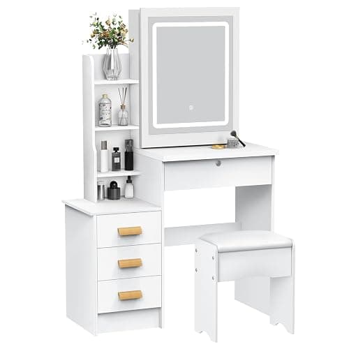 Dressing Table with LED Lights, Vanity Table with Mirror, Makeup Vanity with 4 Open Shelves & 3 Hidden Shelves, 4 Drawers, Stool, Modern Makeup Desk with Sliding Mirror and Lights, White (With LED) thumbnail 5
