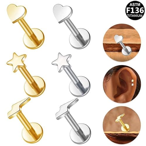 Niaspi 16G G23 Titanium Flat Back Earrings Studs for Women Threadless 14K Gold Tiny Heart Star Lightning Conch Helix Tragus Flatback Stud Earring Minimalist Labret Monroe Lip Rings Studs 2Pcs thumbnail 2