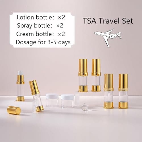 XQNCBY Golden Airless Pump Bottle Travel Set with Box Refillable Cosmetic Vacuum Pump Bottle Such as Hand Soap,Toner,Foundation,Hair Oil,Lotion and Cream (Golden, 5ml-10ml-20g) thumbnail 3