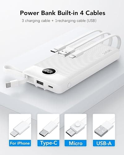 VRURC Portable Charger Power Bank, 10000mAh Travel Essentials Battery Pack, 5 Outputs 2 Inputs Slim Charing Bank Built-in Cables Cords Wires Compatible with iPhone,Samsung,Android-White(1 Pack) thumbnail 3