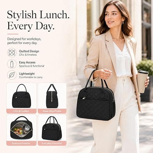 CAMTOP Lunch Box for Women Insulated Lunch Bag Lunchbox Cooler Thermal Leakproof Quilted Reusable Lunch Tote Bag for Work School Travel Picnic (Black) thumbnail 3