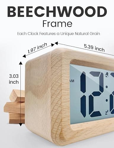aboveClock Digital Alarm Clock, Wooden Bedside Clock with Large LCD Backlit Display, Temperature, Snooze Function, Brightness Sensor, 3 AAA Battery Operated【Battery NOT Included】 thumbnail 2