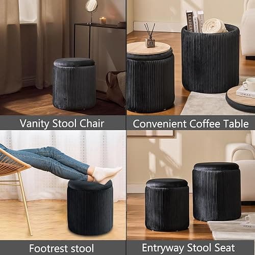 Round Set of 2 Ottoman with Storage-Upholstered Velvet Vanity Stool for Makeup Multifunctional Ottomans Coffee Table Padded Seat Foot Rest for Living Room&Bedroom (Black) thumbnail 5