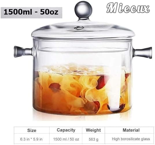 Glass Cooking Pot - 1.5L/50OZ Glass Saucepan Heat-Resistant Borosilicate Glass Handmade Cookware Set stovetop Pot - Safe for Pasta Noodle, Soup, Milk, Tea,salad (1.5L/50OZ) thumbnail 5