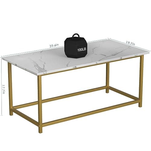 SAYGOER White Faux Marble Coffee Table Simple Modern Rectangular Coffee Tables Open Design Minimalist Center Table for Living Room Office, 39.37 x 19.69 x 17.72, White Gold thumbnail 3