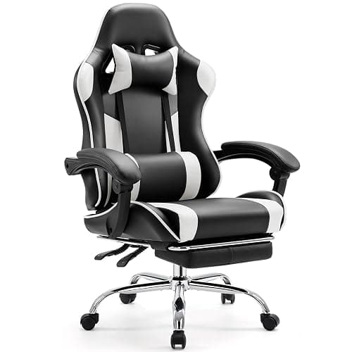 Sweetcrispy Video Game Desk Chair - Ergonomic Computer with Footrest and Comfy Lumbar Support, PU Leather Recliner with Headrest, Fixed Up Armrest, Height Adjustable with 360° Swivel, White, Adults - Image 1