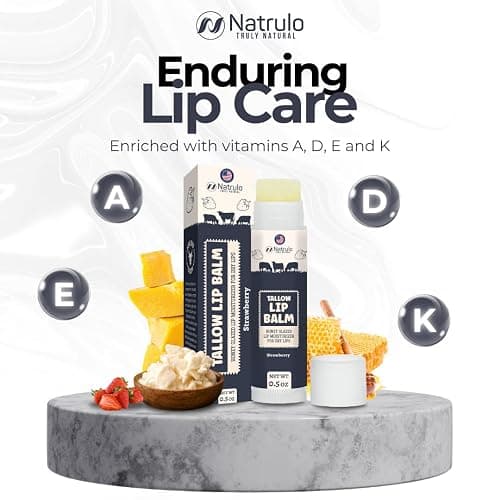 Beef Tallow Lip Balm – Natural Tallow Beeswax Chapstick – Hydrating Moisturizer Grass Fed Tallow Balm Care – Soothes Chapped Dry Lips Sensitive Skin – Long Lasting Vitamin Rich USA-Made, Strawberry thumbnail 3