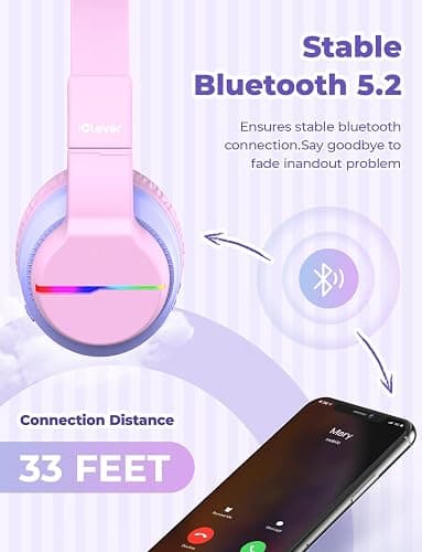 iClever BTH12 Kids Bluetooth Headphones,Colorful LED Lights,74/85dBA Safe Volume,85H Playtime,Bluetooth 5.2,Over Ear Headphones Built-in Mic for iPad/Tablet/Airplane,Blossom Pink thumbnail 5