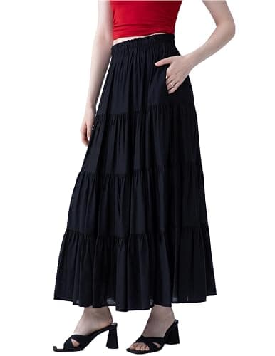 EASECOTT Flowy Skirt for Women High-Waisted A-line Maxi Long Skirts with Pockets - Image 1