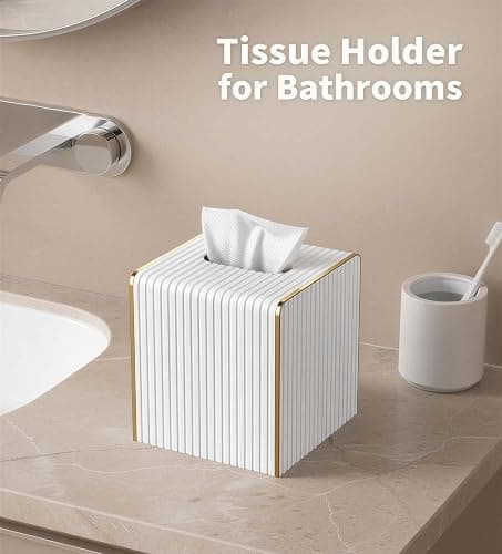 Tissue Box Cover Square with Magnetic Closure, PU Leather Tissue Box Holder with Gold-Tone Edging for Bathroom Vanity Countertop Night Stands Bedroom Office Desk, Modern Home Decor (Cream White) thumbnail 4
