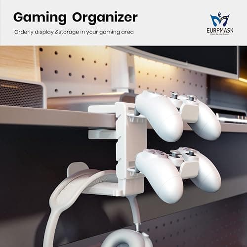 3-in-1 PC Gaming Headset&Controller Holder - EURPMASK Headphone Stand w/Adjustable Clamp&2 Controller Holder&Rotating Arm&Cable Organizer, Universal PC Gaming Accessory Controller Headset Stand-White thumbnail 3