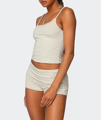 RUEWEY Women Y2k Pajama Set Striped Sleeveless Crop Cami Top Lounge Shorts PJS 2 Piece Matching Sleepwear thumbnail 4