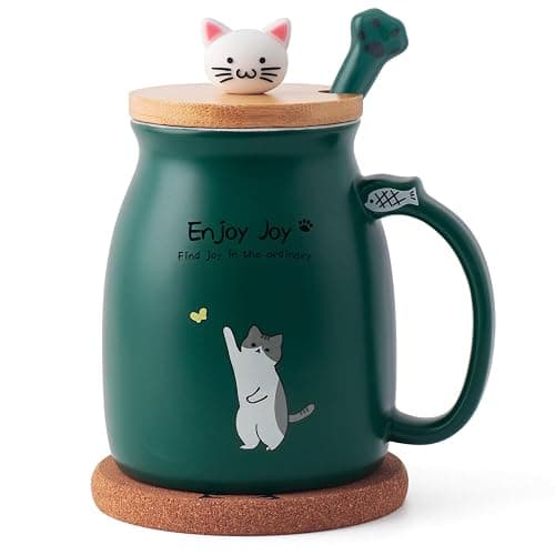Feify Cute Cat Cup Ceramic Coffee Mug with Kawaii Cat Wooden Lid, Lovely Stainless Steel Spoon, Anime Kitty Thicken Wooden Coaster, Christmas Birthday Cute Thing Japanese Mug 16oz (Green) - Image 1