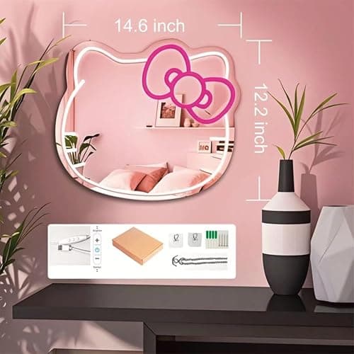 GALLIA Anime Hello Kit Mirror Vanity, Neon Mirror with Dimmable LED Lights, Perfect for Teen Girl Gift, Room Decor, 14.6" x 12.2" thumbnail 4
