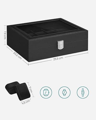 SONGMICS Watch Box with 10 Slots, Watch Case with Glass Lid, Watch Display Box with Removable Watch Pillows, Metal Clasp, Gift Idea, Black Synthetic Leather, Black Lining JWB010B02 thumbnail 3